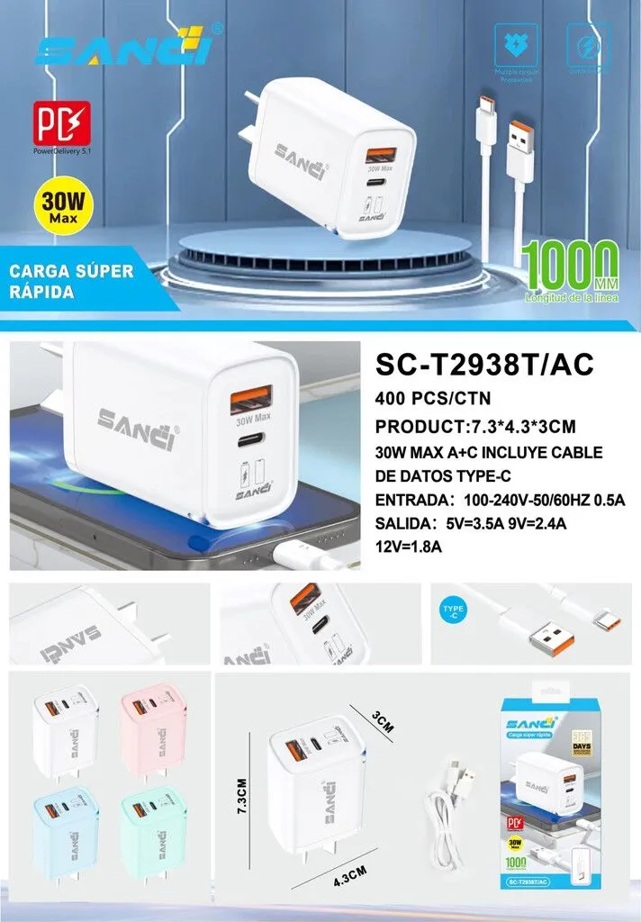 CARGADOR SANCI - 30W - SC-T2938T/AC / 2938