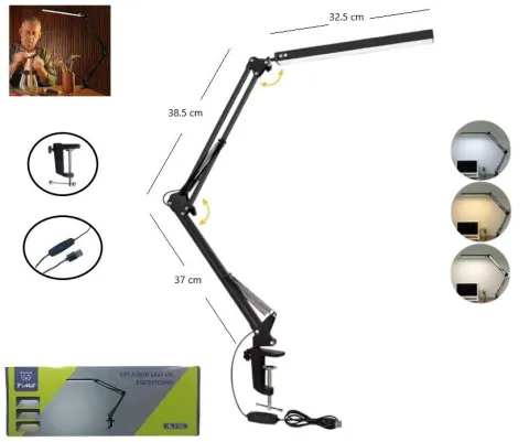 VELADOR / LAMPARA LUZ LED CON BRAZO ARTICULADO Y LUPA - 3 TONOS DE LUZ