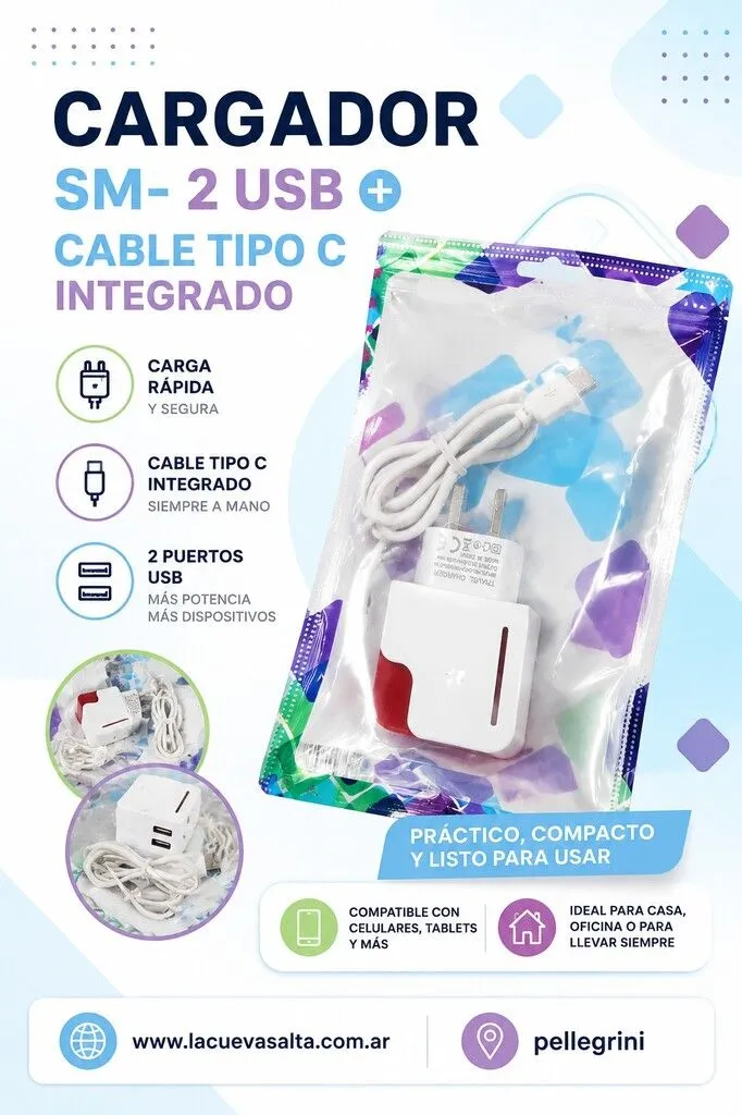 CARGADOR SAM SM502 - 2 USB + CABLE TIPO C INTEGRADO - SM502 // SM-502