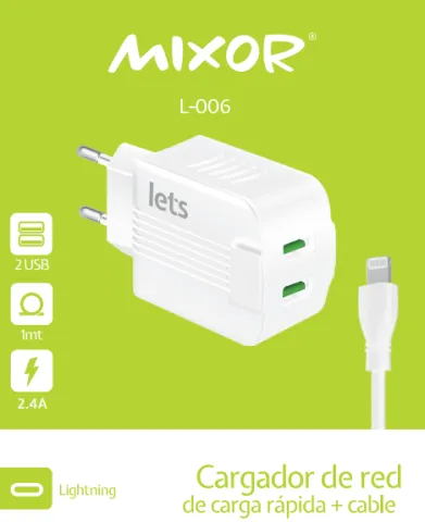 CARGADOR RED M-006 - 12W - 2USB + CAB LIGHTNING - MIXOR - BLANCO
