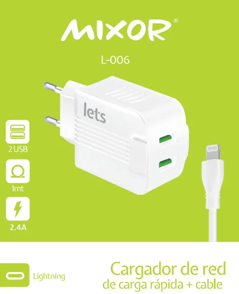 CARGADOR RED M-006 - 12W - 2USB + CAB LIGHTNING - MIXOR - BLANCO