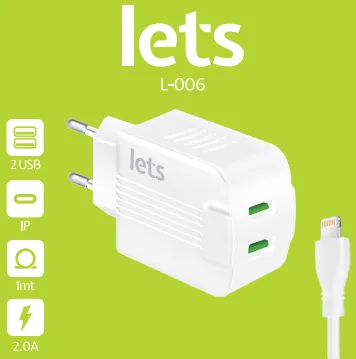CARGADOR RED L-006 10W - 2USB + CABLE TIPO IP - LETS  BLANCO