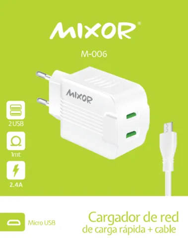 CARGADOR RED M-006 - 12W - 2USB + CAB MICRO -MIXOR-BLANCO