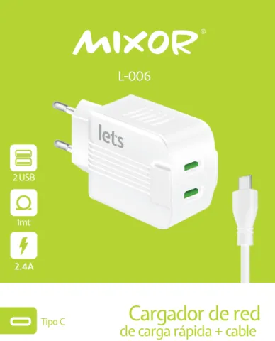 CARGADOR RED M-006 - 12W - 2USB + CABLE TIPO C - MIXOR - BLANCO