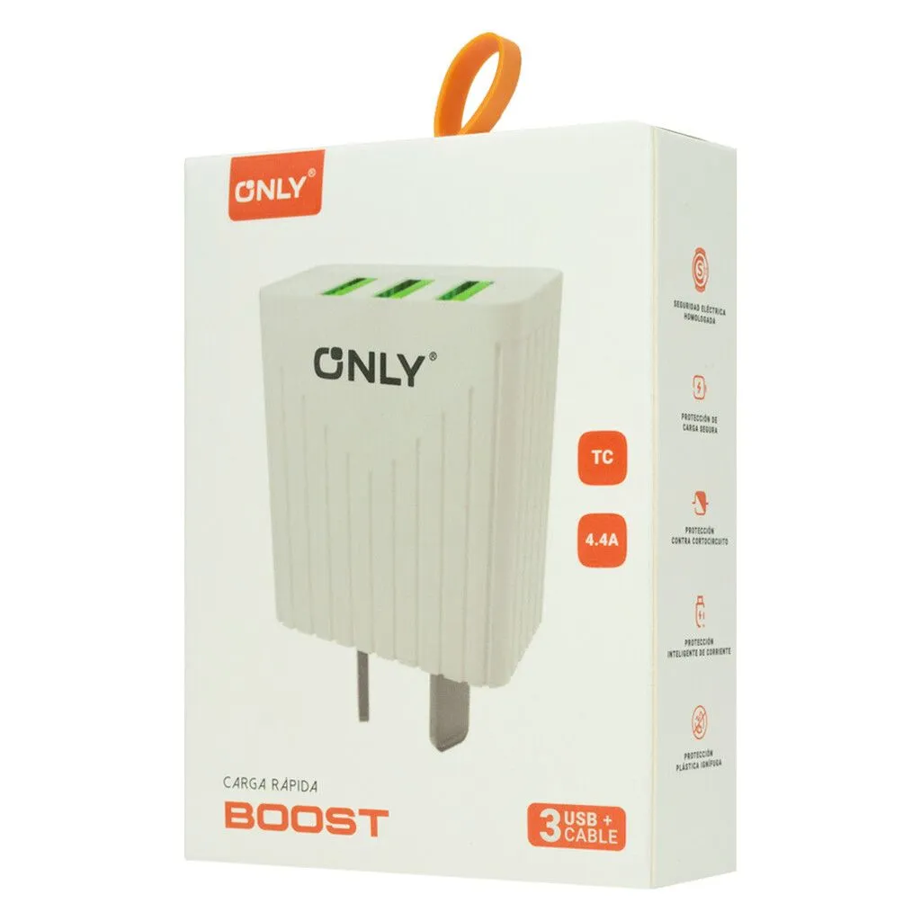 CARGADOR 220V MODO-008 BOOST - 4,4A - 3USB + CABLE TIPO C - ONLY - BLANCO