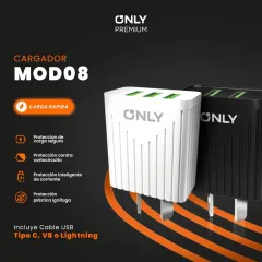 CARGADOR 220V MODO-008 BOOST - 4,4A - 3USB + CABLE TIPO C - ONLY - BLANCO - foto 5