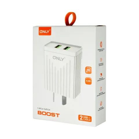 CARGADOR 220V MODO-008 BOOST - 4,4A - 2 USB + CABLE TIPO C - ONLY - BLANCO
