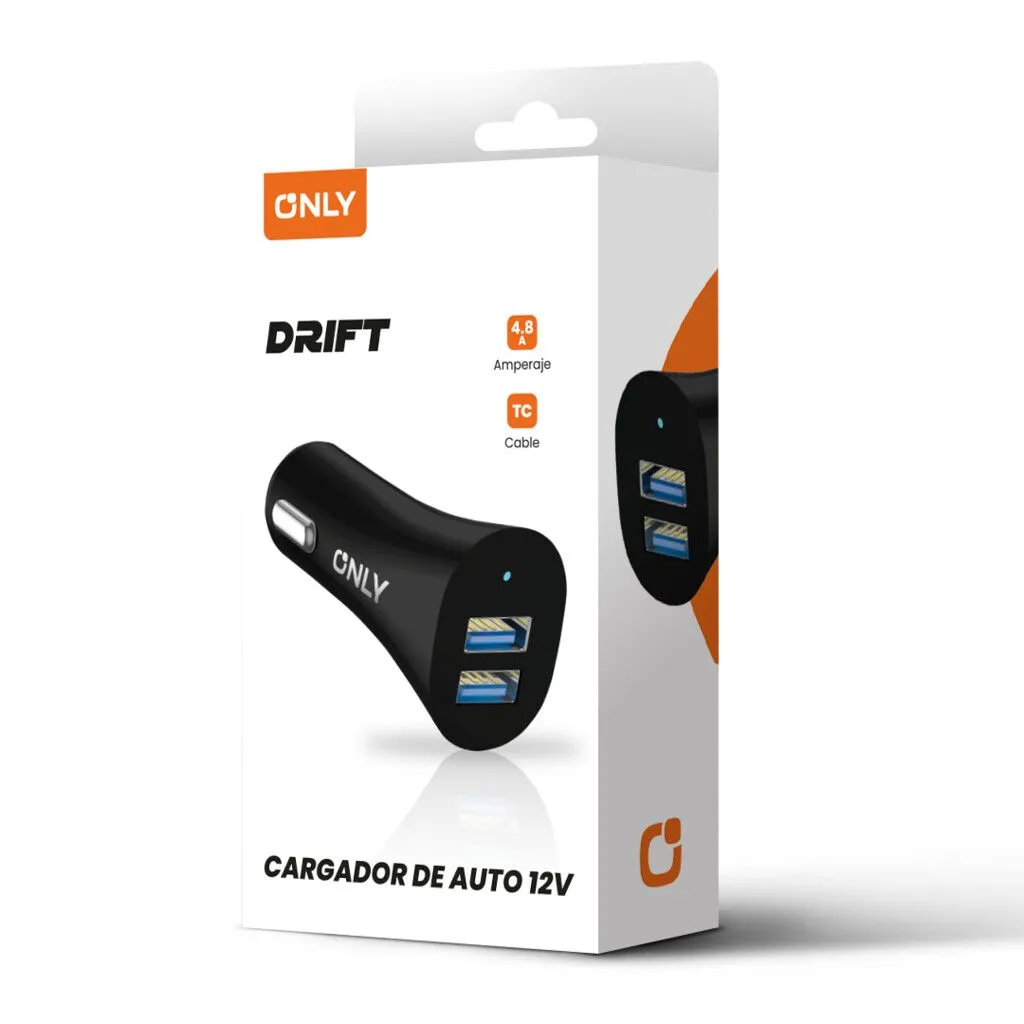 CARGADOR 12V DRIFT MODS-501 - 2 USB + CABLE TIPO C - ONLY - NEGRO