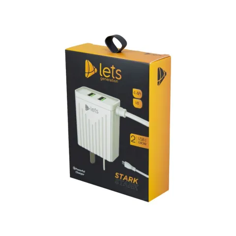 CARGADOR 220V LETS MOD08 - 4,4A - 2 USB C/ CABLE V8 - BLANCO