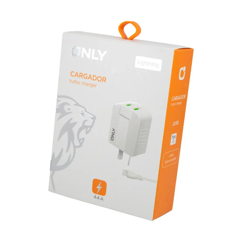 CARGADOR 220V ONLY MOD 06 - 2 USB + CABLE LIGHTNING - BLANCO