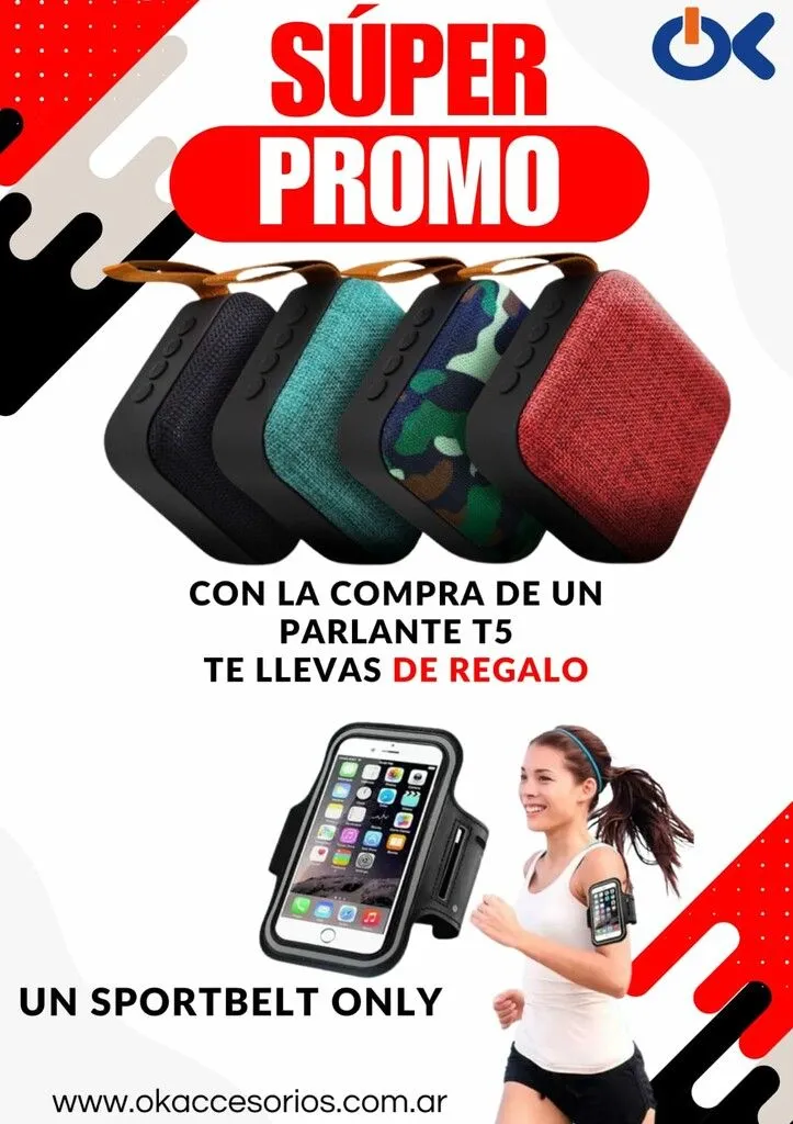 PARLANTE PEQUENO T5 + SPORTBELT MOD 06 - BRAZALETE PORTA CEL DE REGALO