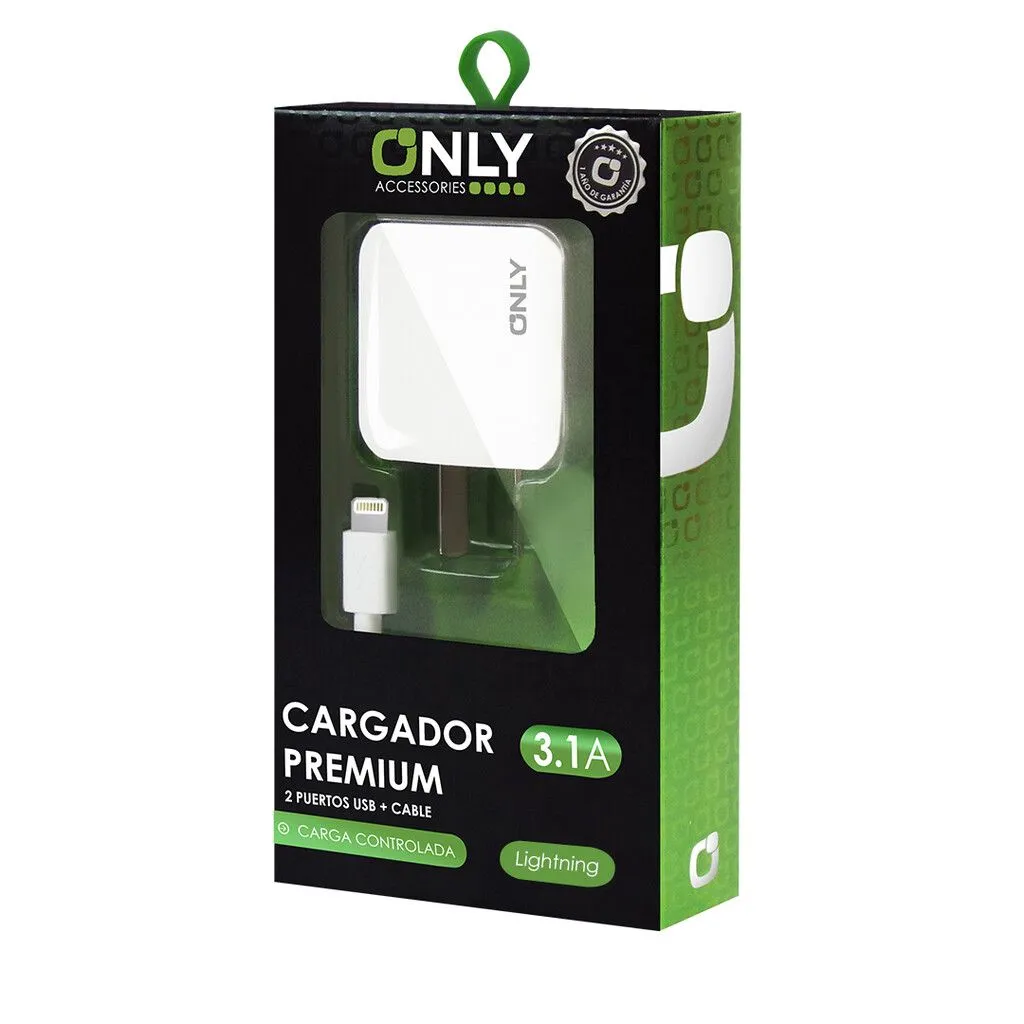 CARGADOR 220V ONLY MOD 02 - 2 USB + CABLE LIGHTINING - BLANCO